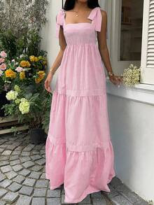 SHEIN Unity Blue Striped Square Neck High Waist Backless Tie-Up Dress With Flared Skirt, Sexy & V... | SHEIN