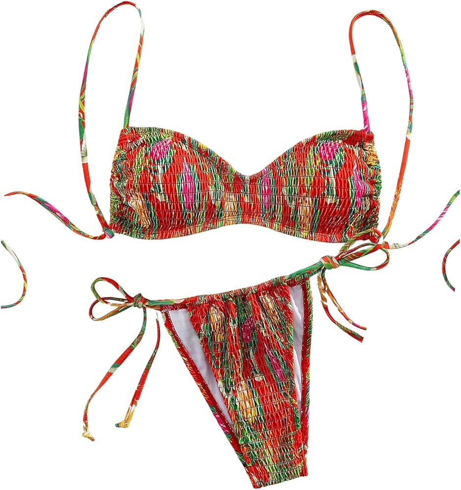 MakeMeChic Women's Two Piece Bikini Set Floral V Neck Tie Back String Smocked Thong Bathing Suit | Amazon (US)
