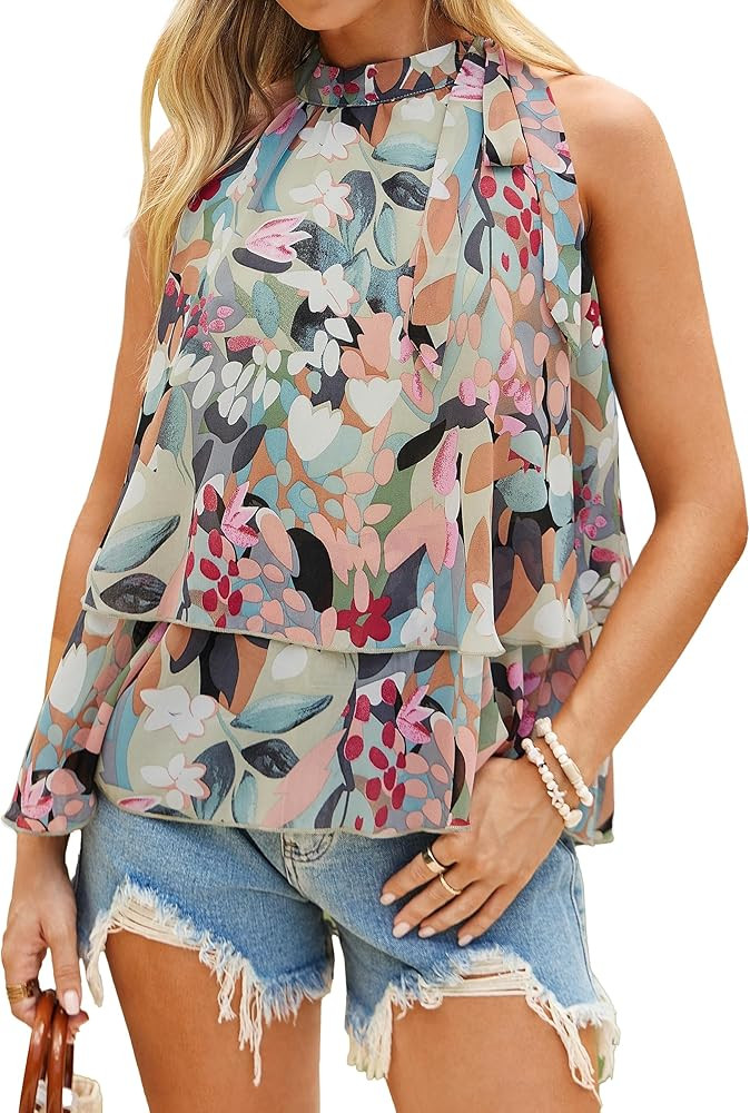 Simplee Womens Halter Tank Top Floral Tie High Neck Sleeveless Boho Loose Fit Flowy Tiered Summer... | Amazon (US)