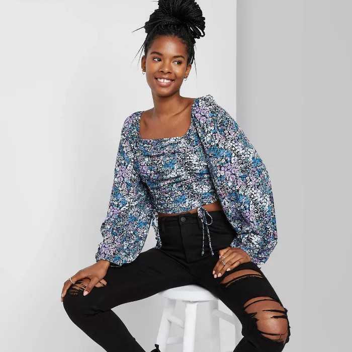 Women's Floral Print Bishop Long Sleeve Cropped Cinch Front Top - Wild Fable™ | Target