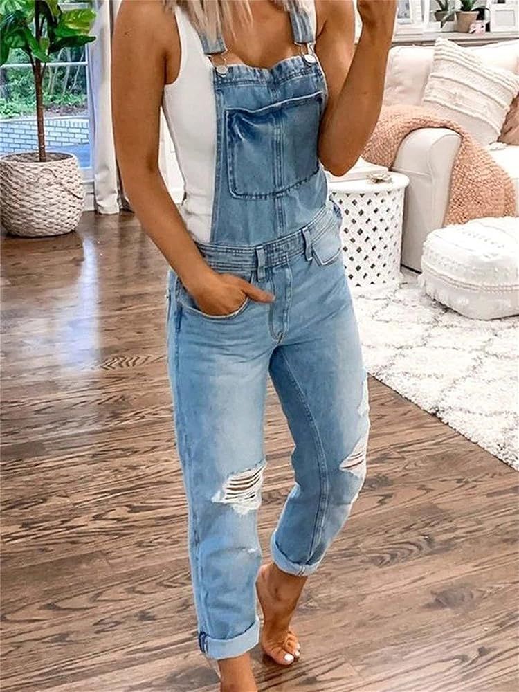 Women's Ripped Denim Bib Overalls Adjustable Straps Pockets Jean Rompers Casual Distressed Jeans Fit | Amazon (US)