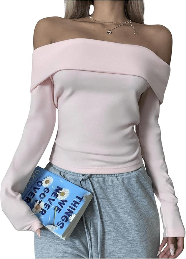 WDIRARA Women's Off Shoulder Foldover T Shirts Long Sleeve Slim Fit Tee Going Out Tops | Amazon (US)