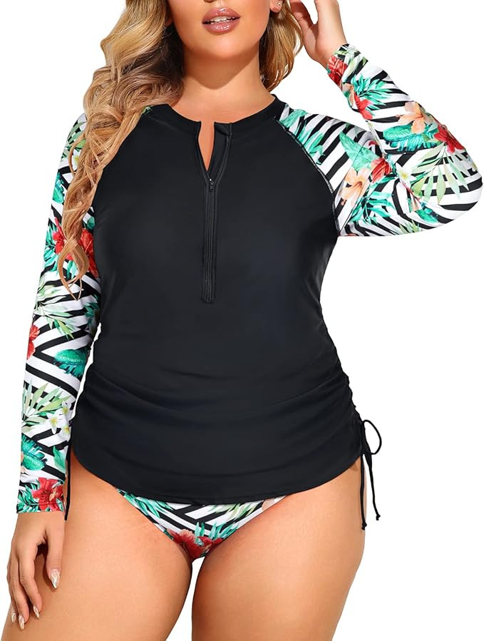 Holipick Women Two Piece Plus Size Zipper Long Sleeve Rash Guard UPF 50+ Swim Shirt with Bottom B... | Amazon (US)