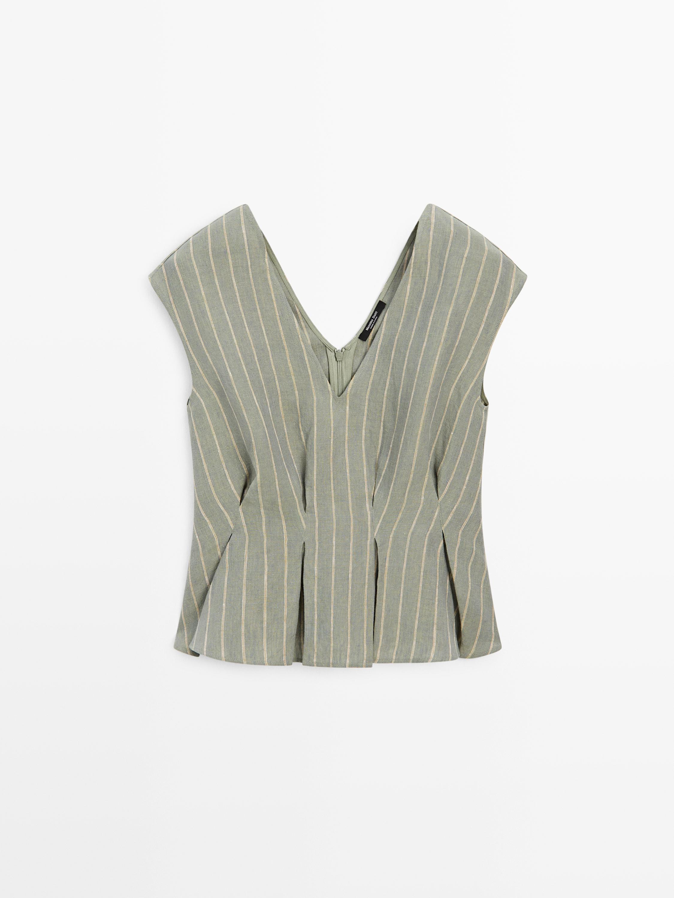 100% linen striped top with pleated details | Massimo Dutti US