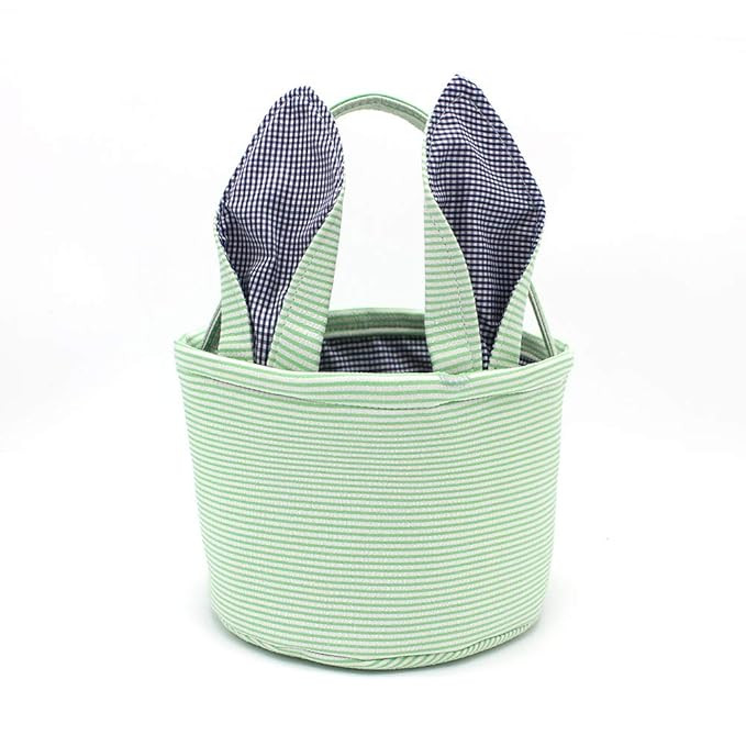 Easter Baskets Seersucker Easter Bunny Bag Bucket for Easter Egg Hunt Bunny Ears Design (Green) | Amazon (US)