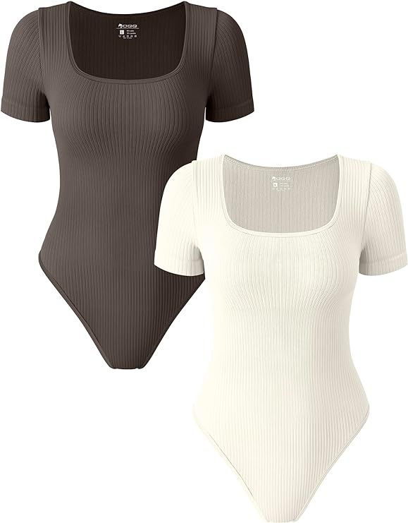 OQQ 2 Piece Bodysuits For Women Sexy Ribbed One Piece Short Sleeve Saquare Neck Bodysuits | Amazon (US)