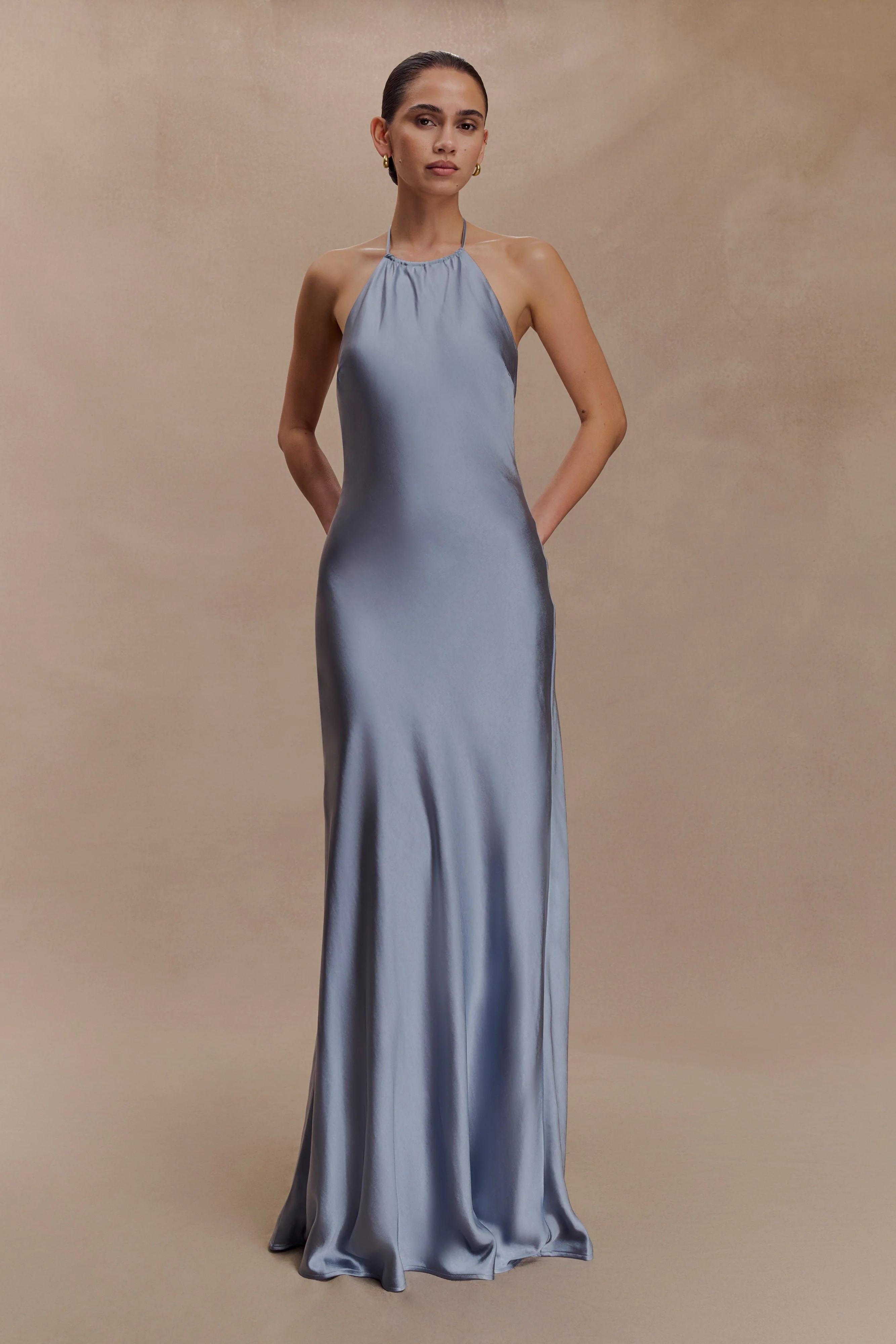 Bella Satin Halter Maxi Dress - Frosted Blue | MESHKI US