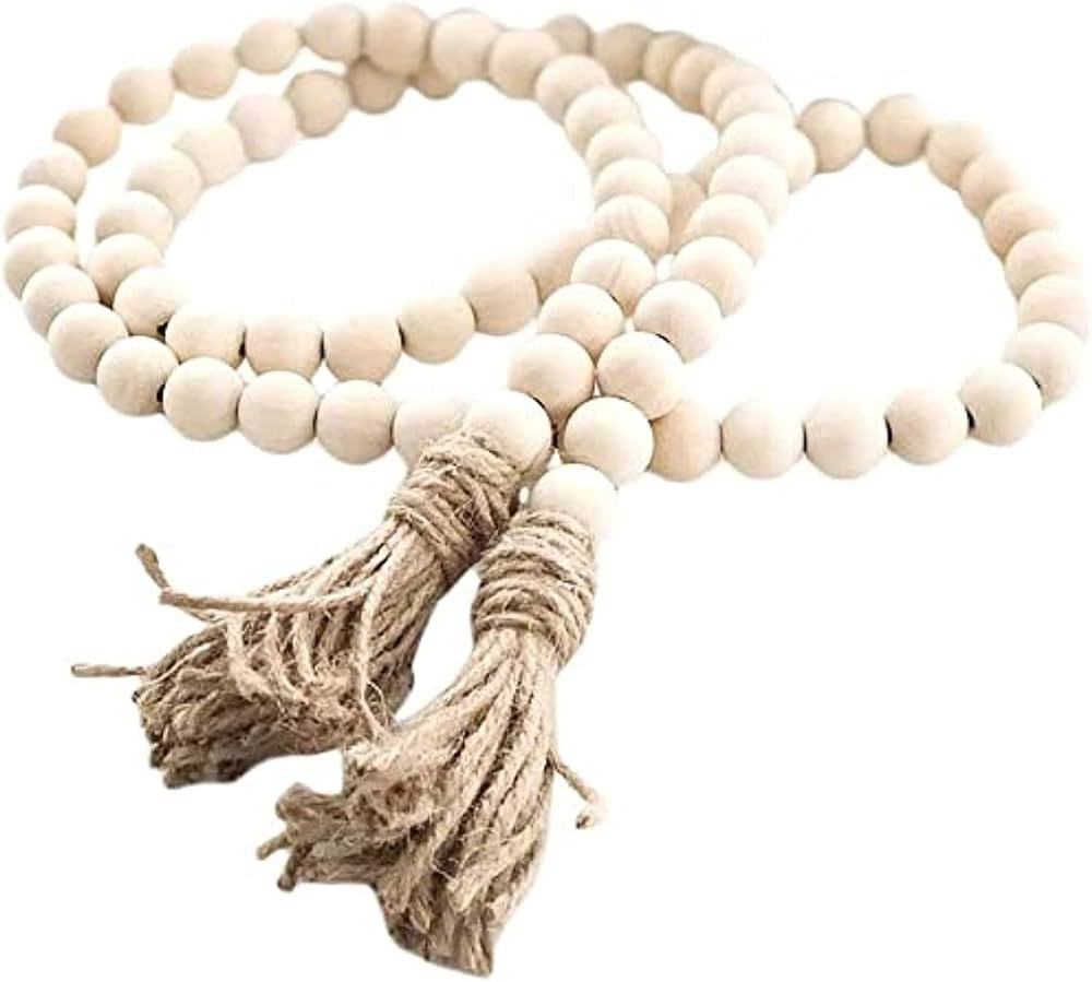Farmhouse Wood Bead Garland with Tassels - Rustic Decor for Tiered Tray or Wall (Natural Wood, 58... | Amazon (US)