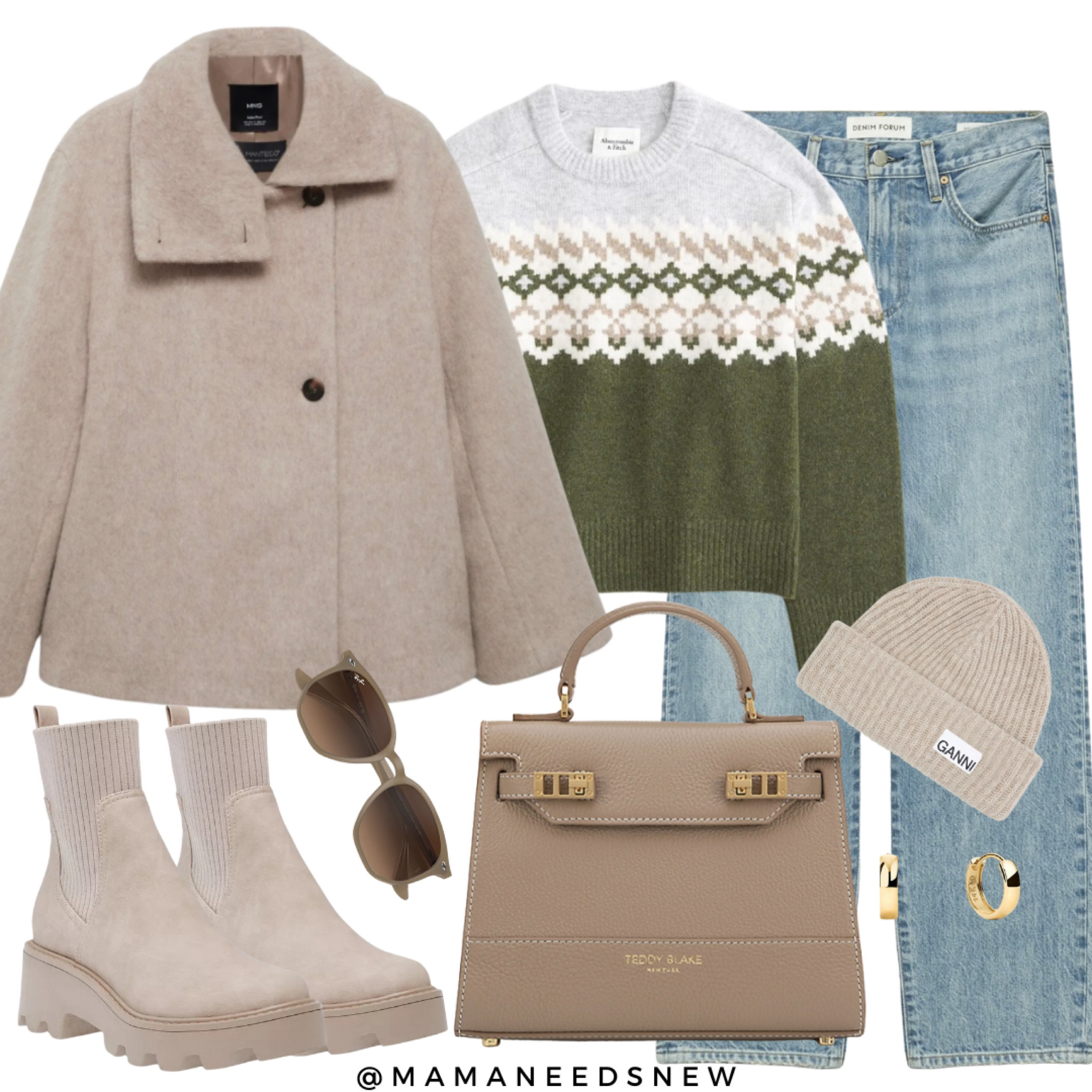 A festive winter outfit with a wool coat, fair isle sweater, jeans, sock booties & a top handle bag 💚

#LTKSeasonal #LTKHoliday #LTKSaleAlert