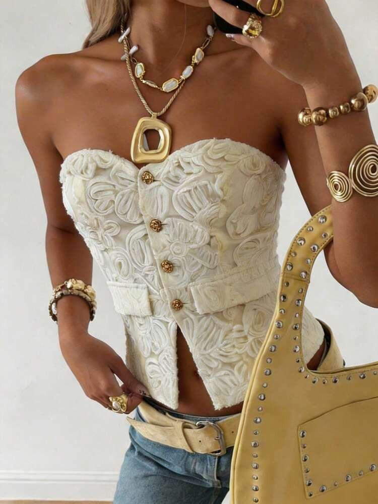 Lavishia Women's & Elegant 3D Floral Lace Sleeveless Blouse,Off-White Summer Top,Party Night Wedding Vacation Outfits,Versatile Casual Beach Yellow Top | SHEIN