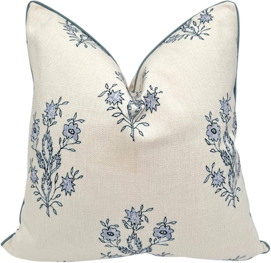 “The Mary” Blue and White Decorative Throw Pillow Cover – Floral Block Print Pillow Cover ... | Amazon (US)