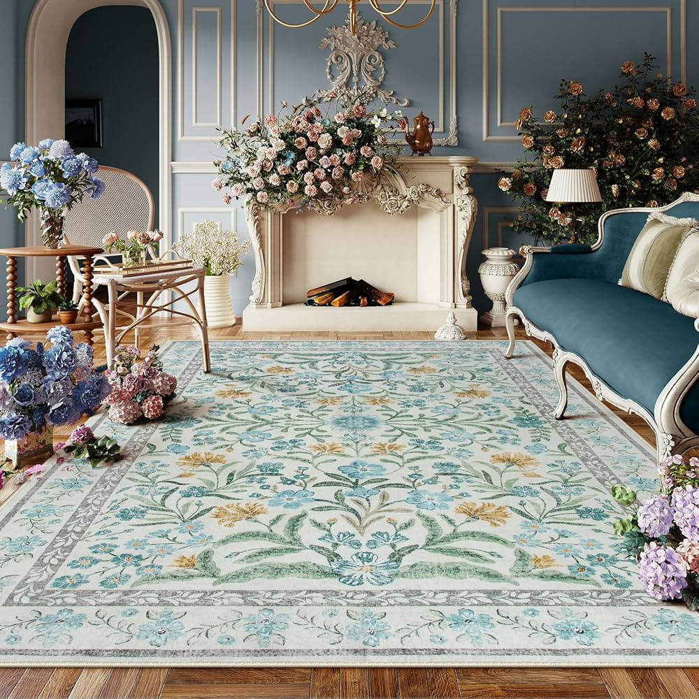 Lahome Light Blue Bedroom Rug 8x10 Under Bed, Boho Washable Rugs for Living Room, Soft Wool Rug f... | Amazon (US)