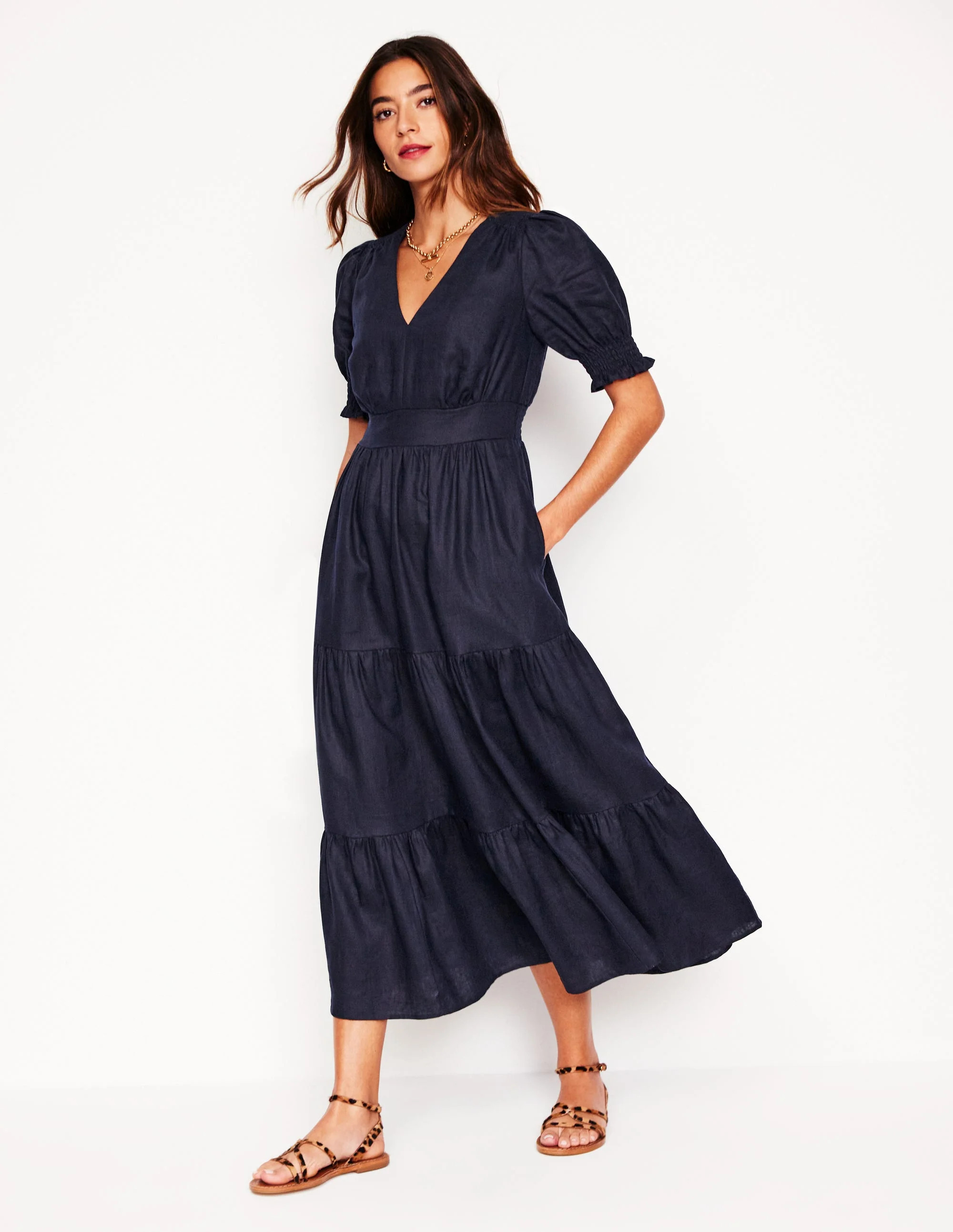 Anna Linen Tiered Midi Dress-Navy | Boden (US)