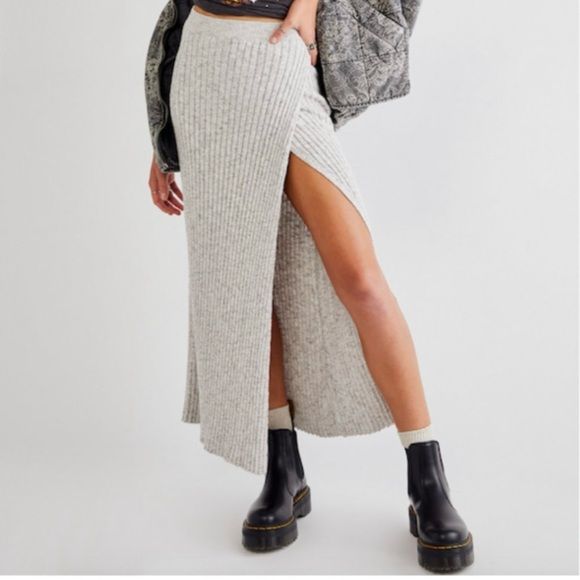Free People Better Days Grey Midi Skirt Slit Medium M Knit | Poshmark