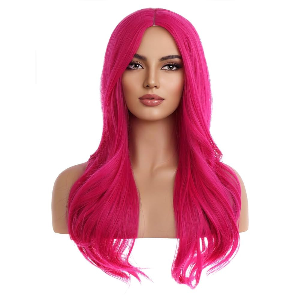 MAGQOO Hot Wig for Women Neon Dark Pink Wig Long Curly Wavy Magenta Wigs Synthetic Heat Resistant | Amazon (US)