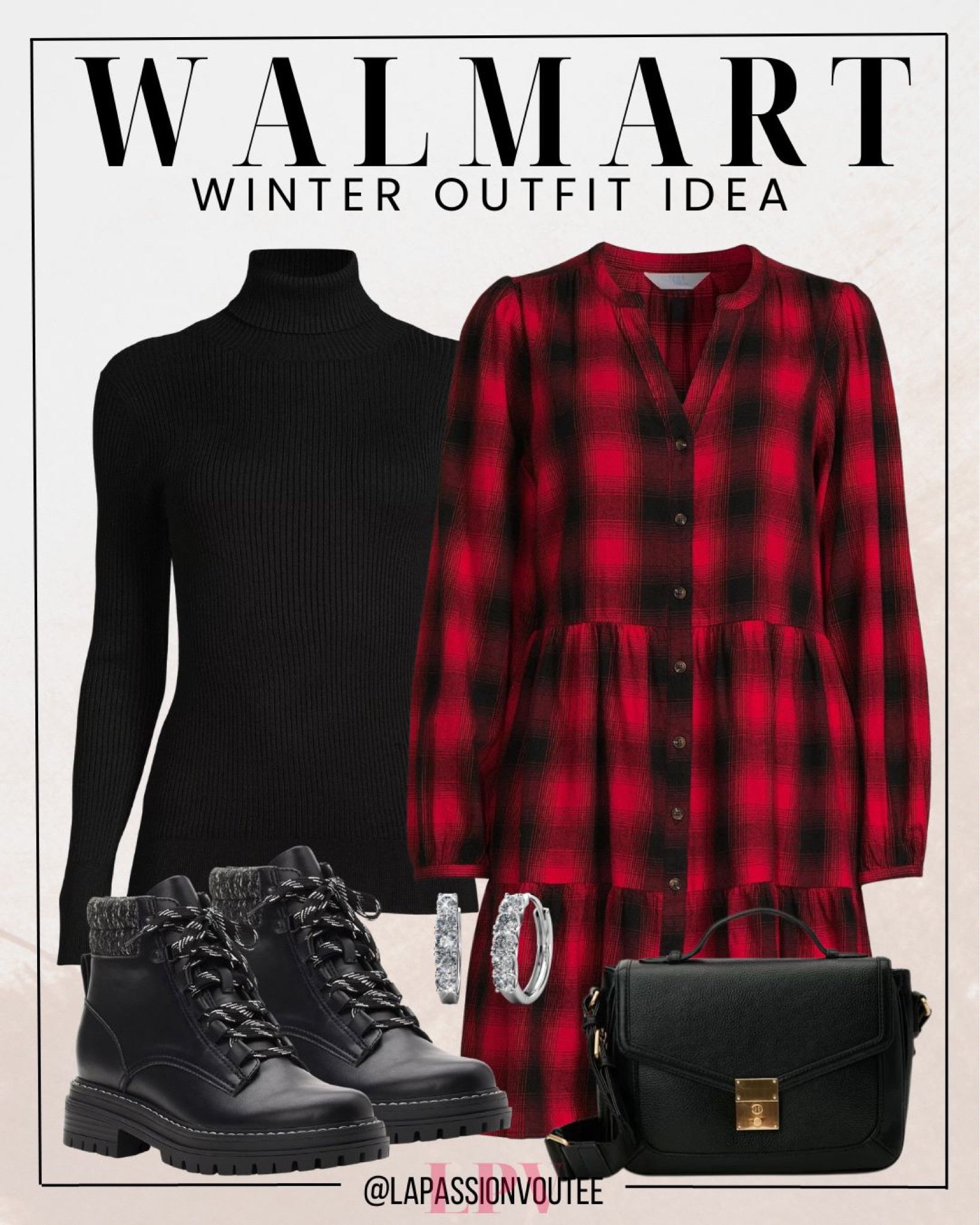 Step into style at Walmart with this chic ensemble: a timeless plaid dress paired with a cozy turtleneck, trendy boots for that extra flair, complemented by statement earrings and a sleek bag. Elevate your fashion game effortlessly, all in one stop. Walmart, where fashion meets convenience. 

#LTKCyberWeek #LTKSeasonal #LTKHoliday