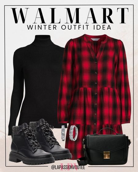 Step into style at Walmart with this chic ensemble: a timeless plaid dress paired with a cozy turtleneck, trendy boots for that extra flair, complemented by statement earrings and a sleek bag. Elevate your fashion game effortlessly, all in one stop. Walmart, where fashion meets convenience. 

#LTKCyberWeek #LTKSeasonal #LTKHoliday