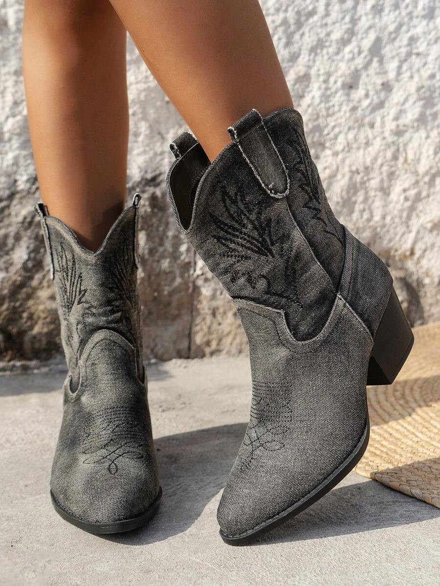 Women's Fashionable Embroidery Slip-On Western Style Mid-Calf Wedge Boots | SHEIN