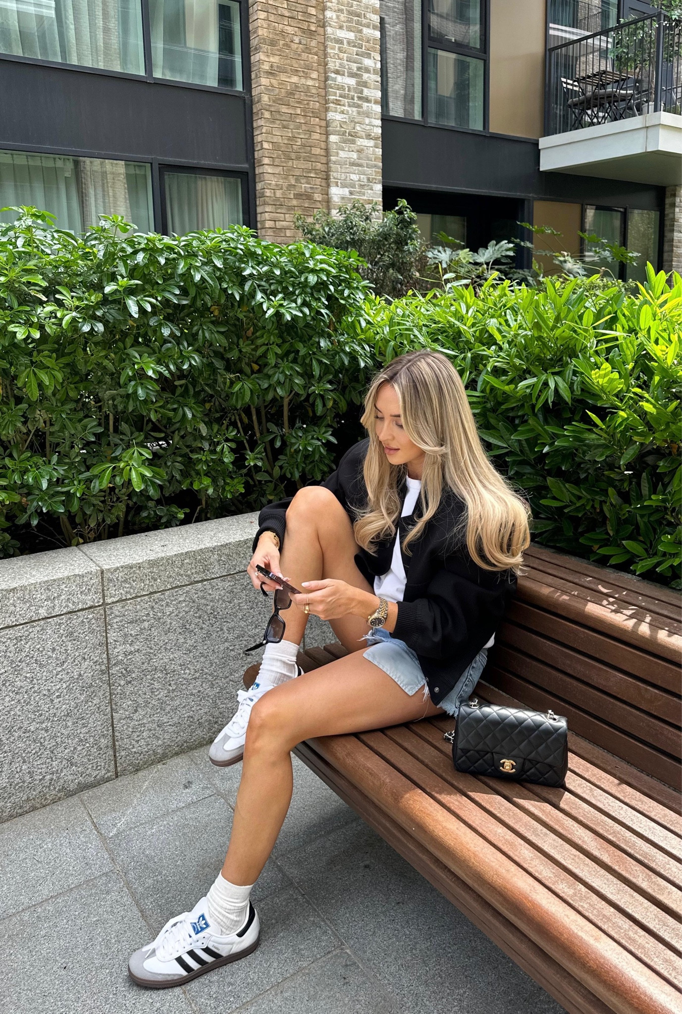 Summer Look 8 - a super smart casual look, elevating my Cos white tee and blue denim shorts with a black bomber jacket and Adidas sambas. Styled with Chanel accessories 

#LTKsummer #LTKspring