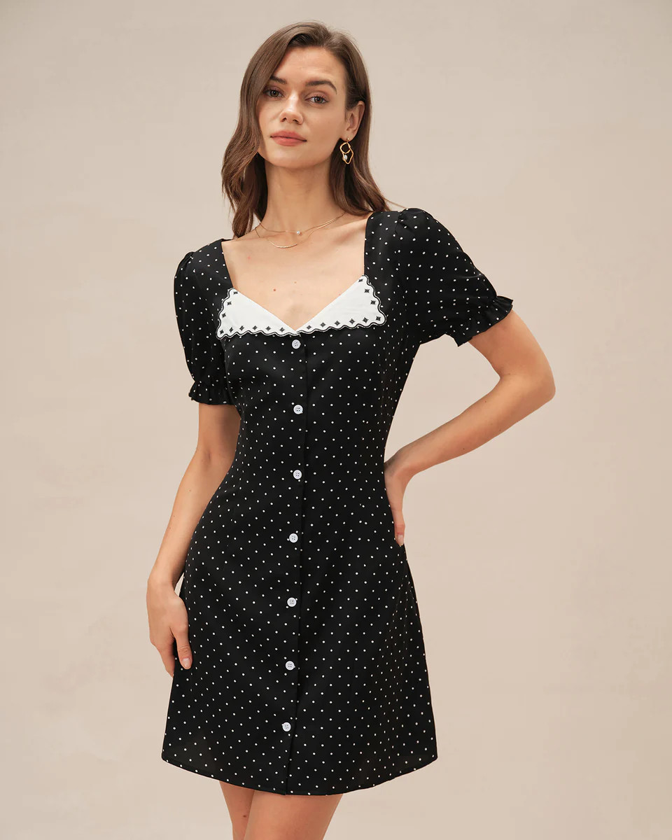 Black V Neck Polka Dot Mini Dress | rihoas.com