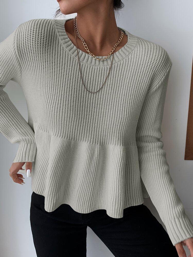 Ribbed Knit Solid Peplum Sweater | SHEIN