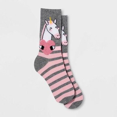 Women's Sparkly Unicorn Valentine's Day Crew Socks - Charcoal Gray One Size | Target