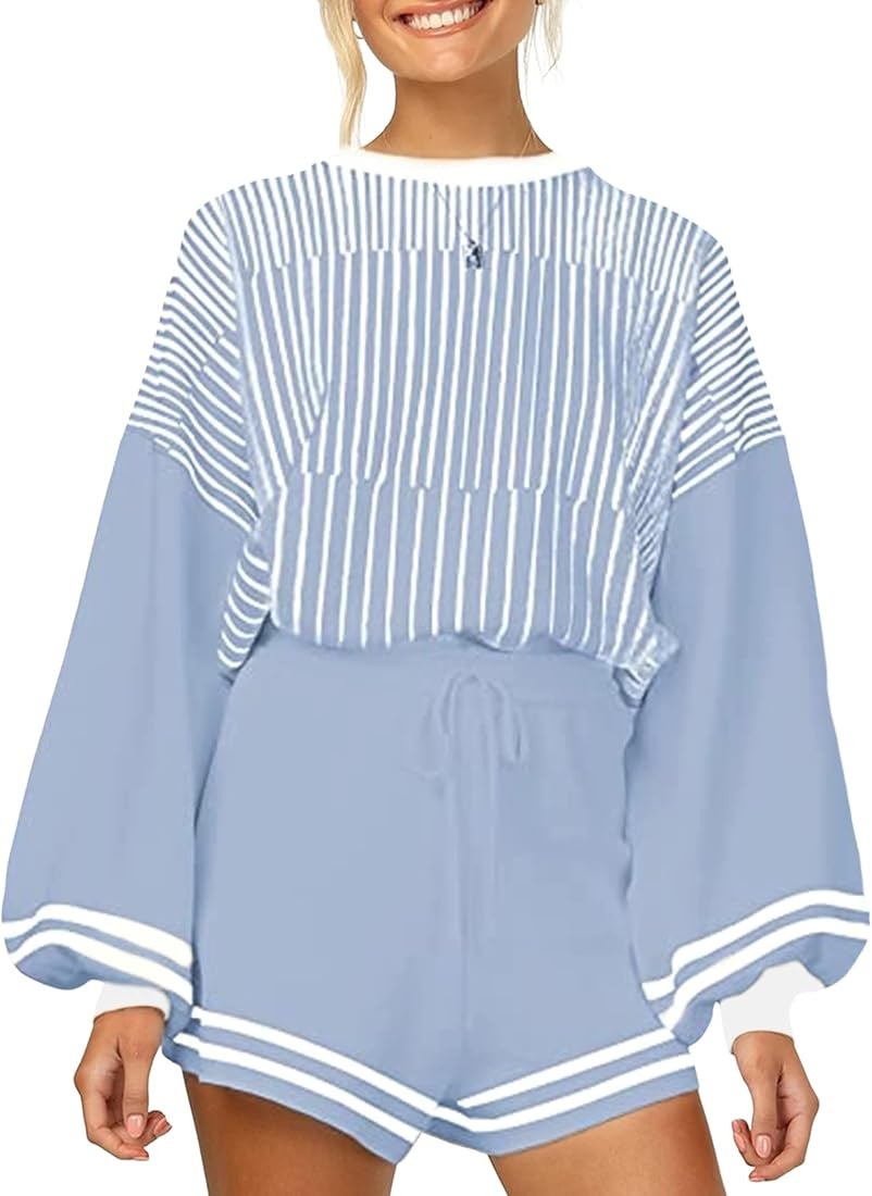 Dqbeng 2 Piece Outfits for Women Knitted Striped Long Sleeve Shirt Shorts Lounge Set | Amazon (US)