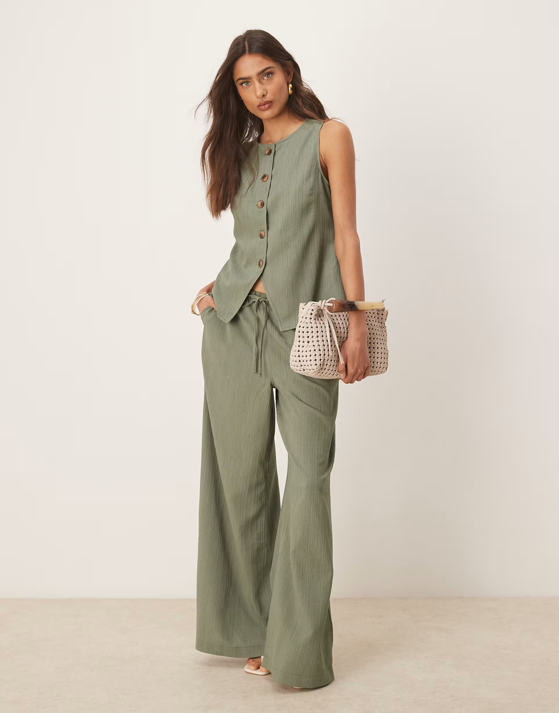 ASOS DESIGN crinkle palazzo trousers co-ord in olive | ASOS | ASOS (Global)