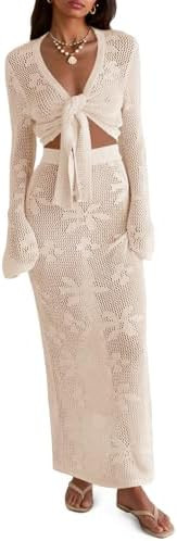 Saodimallsu Womens Crochet Swim Cover Up 2 Piece V Neck Long Sleeve Wrap Tie Crop Tops Beach Boho... | Amazon (US)