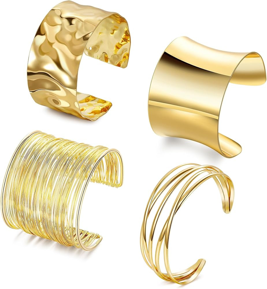 4PCS Chunky Cuff Bracelets for Women Open Wide Bangle Bracelets Irregular Minimalist Statement Ba... | Amazon (US)