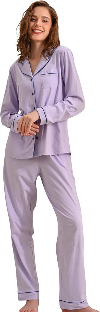 100% Cotton Pajamas for Women Set 2 Piece Soft Long Sleeve PJs Button Down with Breathable Lounge... | Amazon (US)