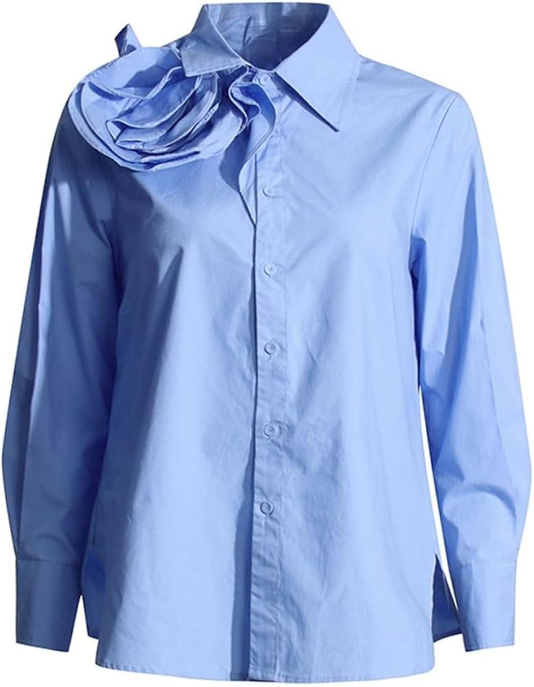 Leisure Shirt Spring Patchwork Three-Dimensional Flower Solid Color Versatile for Women | Amazon (US)