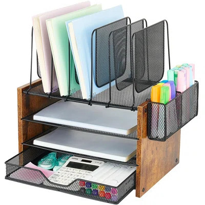 Wood Desk Organizers And Accessories, 4-Tier Workspace Desktop Paper Organizer With Drawer, 5 Vertical File Holders And Pen Holder For Office Supplies | Wayfair North America