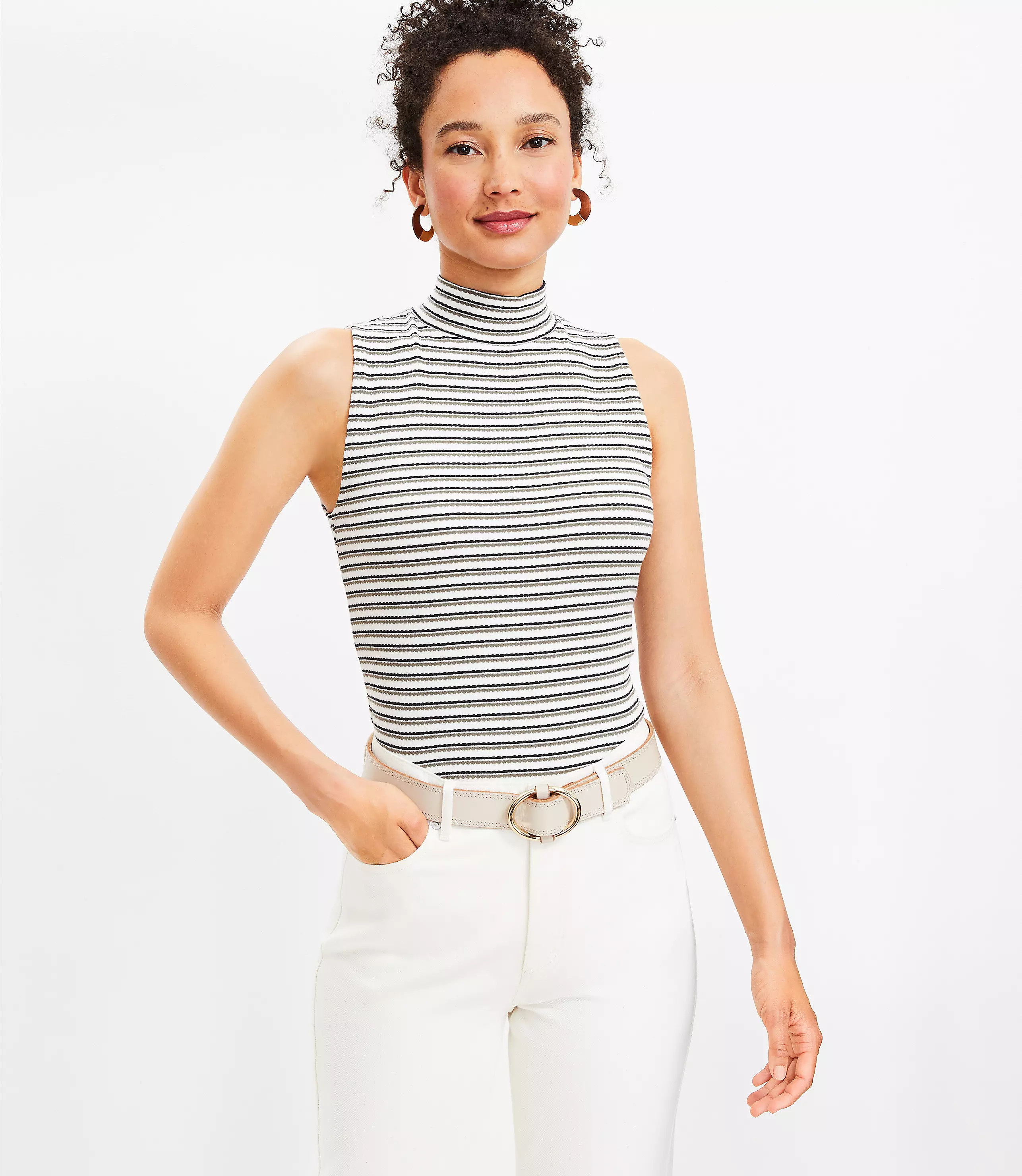 Striped Ribbed Mock Neck Shell | LOFT
