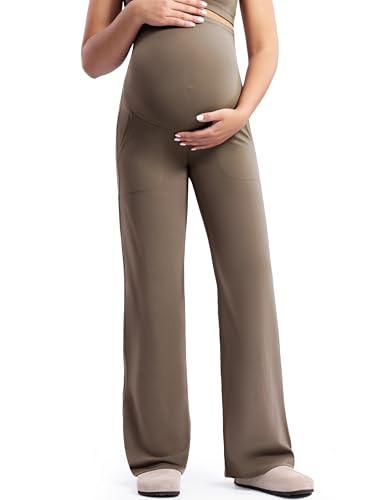POSHDIVAH Women's Creamluxe Maternity Yoga Wide Leg Pants Petite Pregnancy Clothes Stretchy Work Dress Casual Trousers with Pockets Mocha Mousse Medium | Amazon (US)