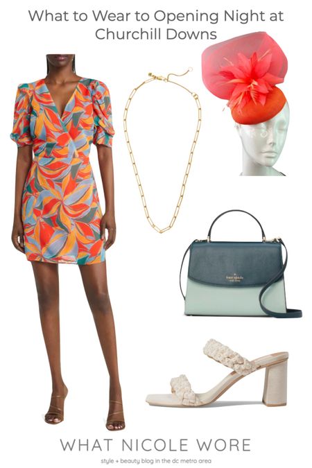 Another coral option for opening night at Churchill Downs. This Kentucky Derby outfit features a printed wrap style dress with an everyday chain necklace, a cute pair of neutral sandals that also work for the office, a green purse, plus a fascinator  

#LTKstyletip #LTKunder100 #LTKwedding