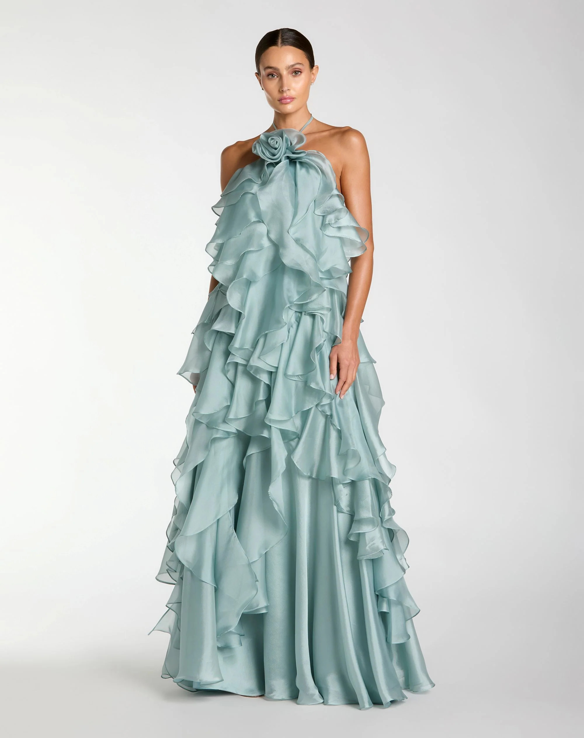 Blue Organza Halter Neck Open Back Ruffle Gown | Mac Duggal | Mac Duggal