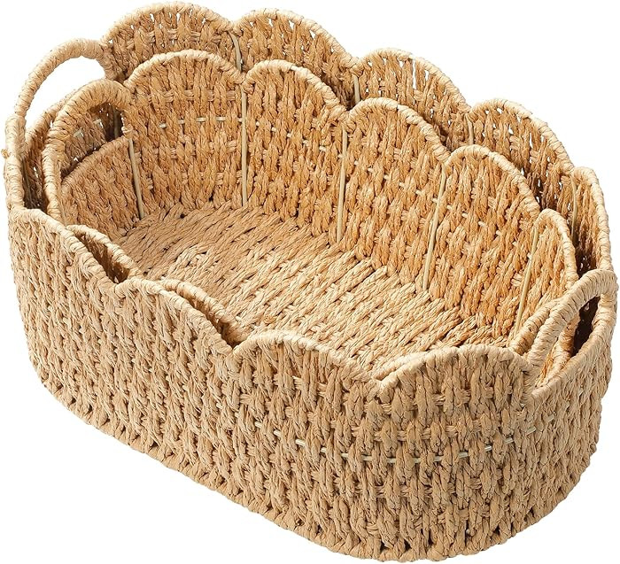 Paper Rope Scalloped Basket Set of 2,Woven Storage Baskets for Shelves,Laundry,Towels,Clothes,Boo... | Amazon (US)