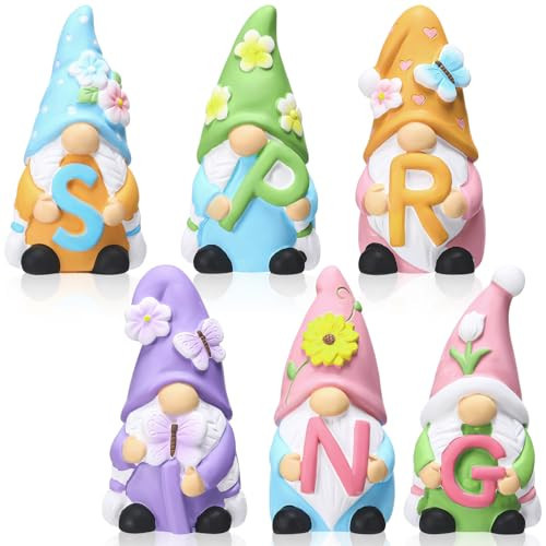 Wesiti 6 Pcs 4''h Ceramics Spring Gnomes Decorations for Home Easter Gnomes Garden Flowers Ornaments Handmade Holding Letters Welcome Spring Gnome Figurines Sign for Home Table Decor Gifts | Amazon (US)