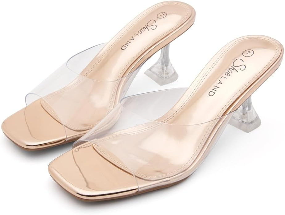 Shoe Land Celebrate Women's Clear Low Heels Stiletto Slides, Square Open Toe One Band Slip-On Hee... | Amazon (US)