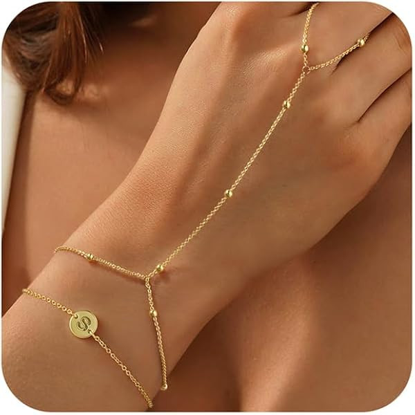 Turandoss Layered Disc Initial Hand Chain Bracelet for Women Trendy, 14K Gold Plated Disc Letter K Ring Link Chain Charm Stackable Bracelet Set Hand Jewelry Gifts for Women | Amazon (US)