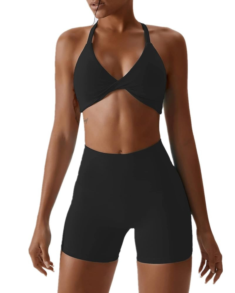 ABOCIW Workout Sets for Women 2 Piece Twist Front Halter Sports Bras High Waist Biker Shorts Exer... | Amazon (US)