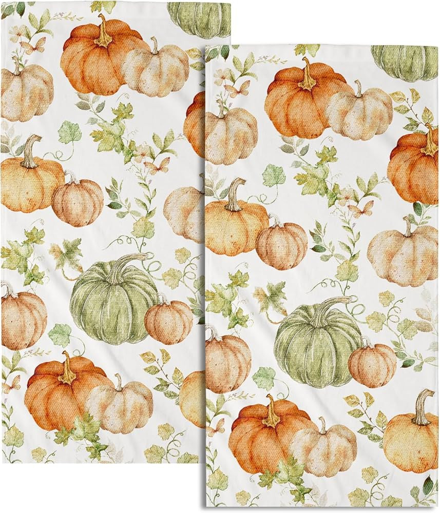 Autumn Harvest Orange and Green Pumpkin Hand Towel Set of 2 Soft Absorbent 14x28 Inch Holiday Tha... | Amazon (US)