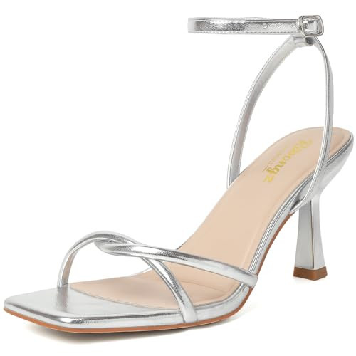 RIBONGZ Silver Heels for Women Strappy Kitten Heels Square Open Toe High Heeled Lace Up Sandals with Ankle Strap Elegant Summer Wedding Party Prom Work Daily Wear Dress Shoes 10 | Amazon (US)