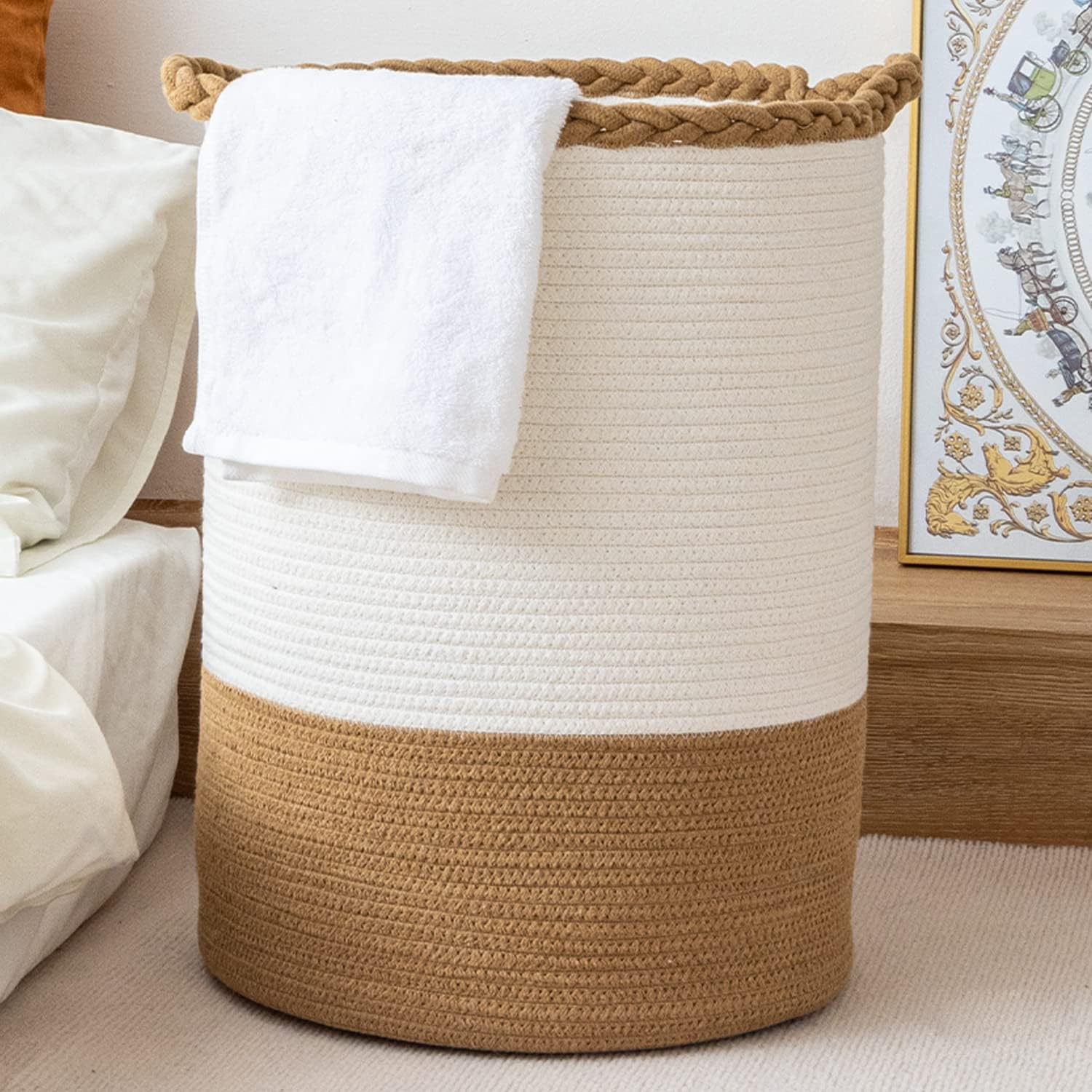 58L Woven Laundry Basket,Tall Wicker Laundry Basket for Blankets,Clothes,Pillows,Toys,Shoes Large... | Amazon (US)