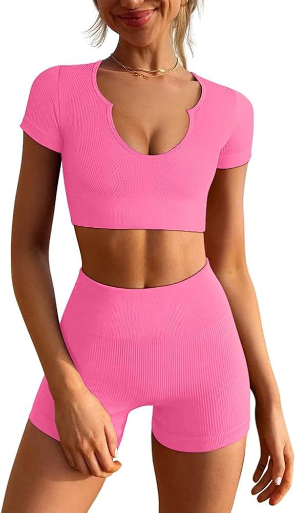 LNSK Women's Workout Outfits Seamless Ribbed Running Yoga Two Piece Crop Top Gym High Waist Sport Sh | Amazon (US)