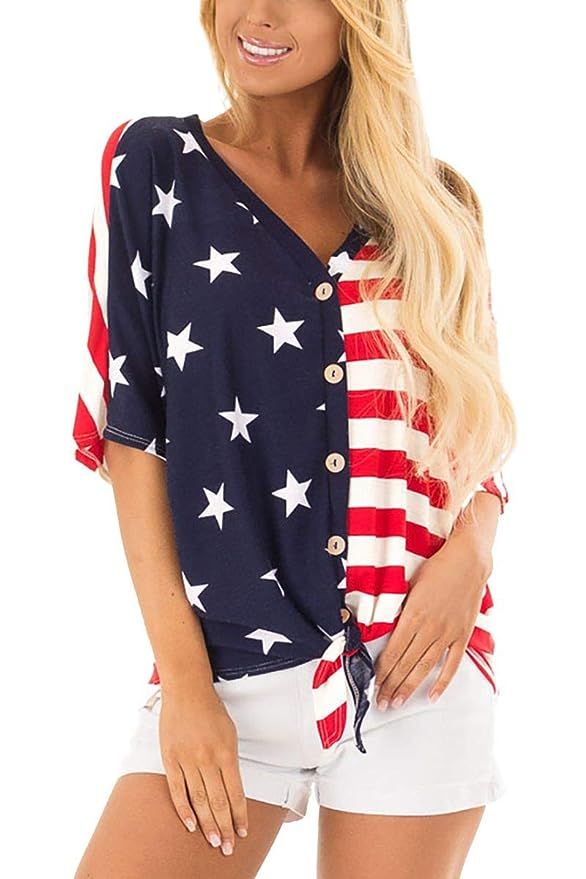 For G and PL July 4th Women's American Flag Button Down T Shirt with Tie Front | Amazon (US)