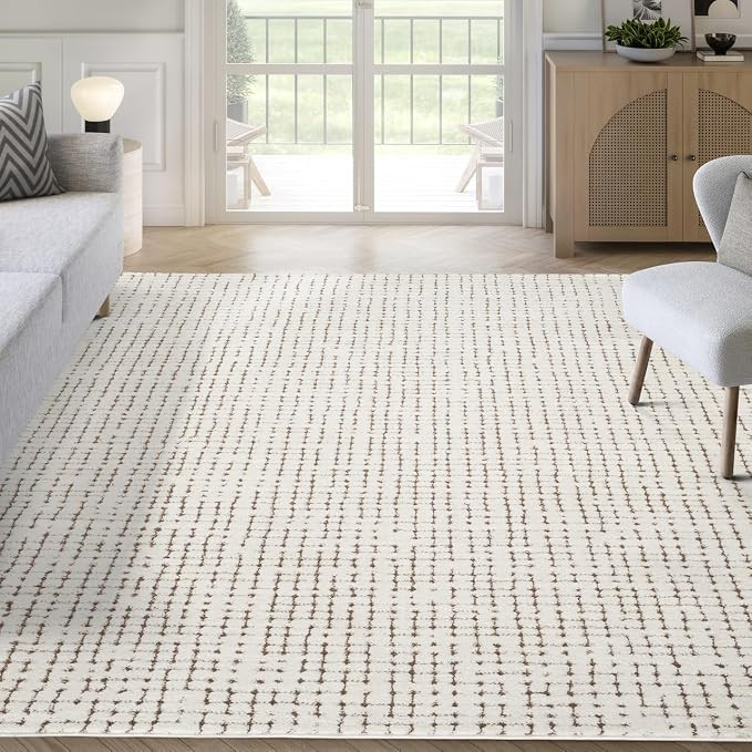 Abani Cream/Brown Area Rug – 8' x 10' – Oliver Collection – Crosshatch Pattern – Non-Shed... | Amazon (US)