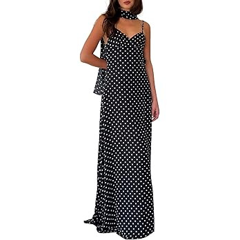Women Sexy Polka Dots V Neck Backless Maxi Dress Spaghetti Strap Long Party Dress with Scarf Club... | Amazon (US)