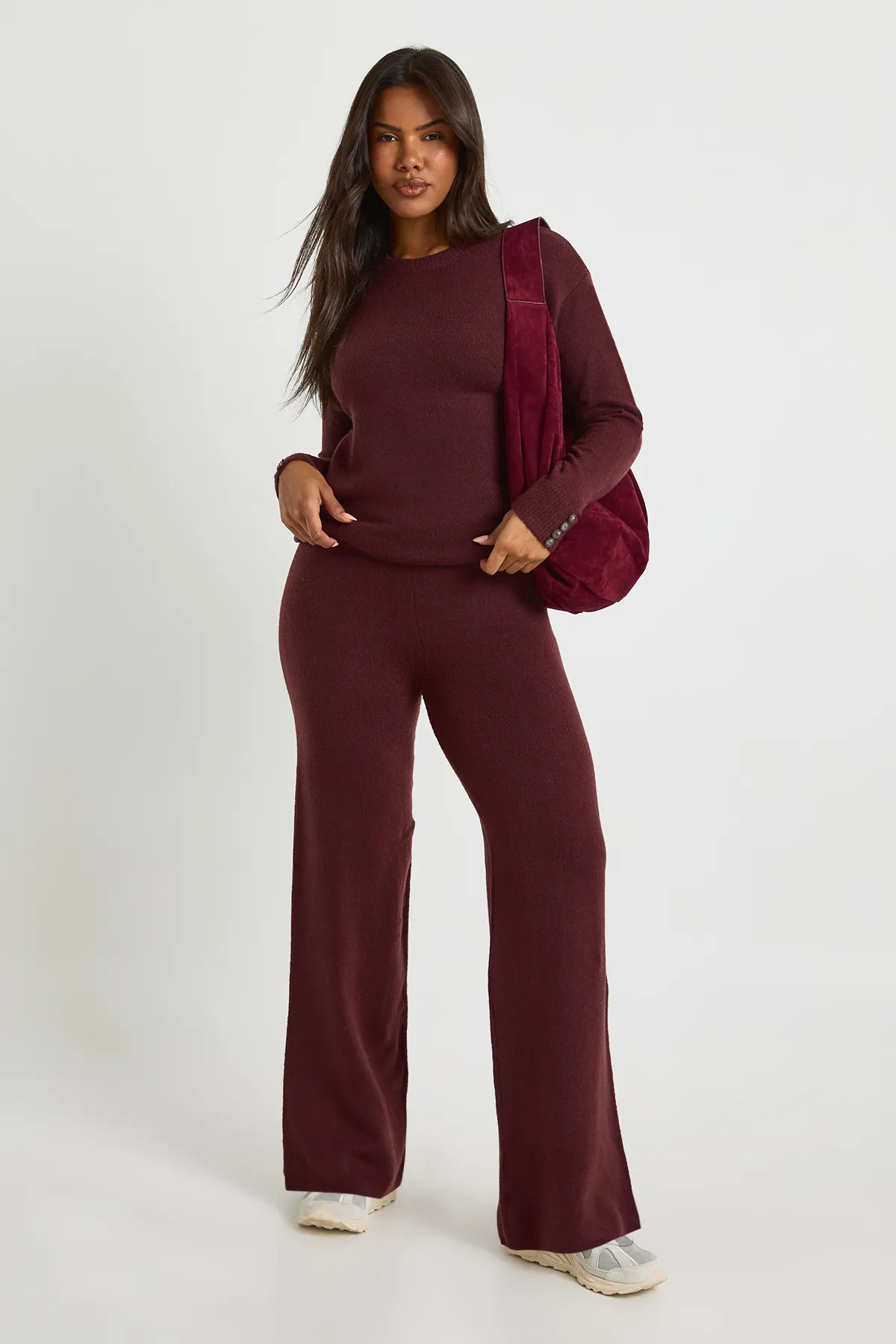 boohoo Women's Super Soft Button Cuff Detail Oversized Jumper & Wide Leg Trouser Co-Ord in Burgundy | Size: Small | Boohoo.com (UK & IE)